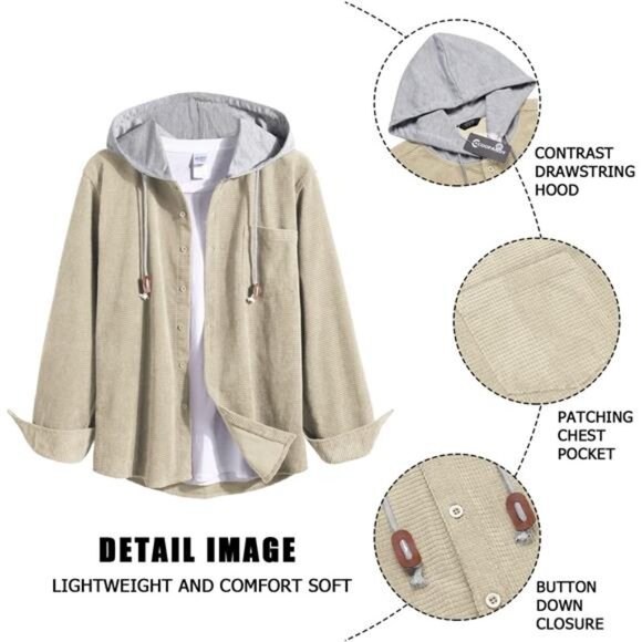 Men's Corduroy Shirt Hoody Long Sleeve‎ Button Down Casual Stylish Jacket - Picture 5 of 5